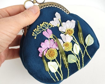 Teal blue embroidered pouch pink Flowers shabby chic Purse embroidery Antique style