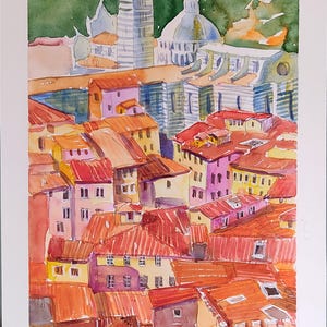 Siena Italy original Watercolour 10 x16&quot; handmade painting Europe Travel City Art Italian Landscape Venice Tuscany artwork home decor idea