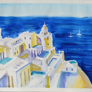 絵画　ギリシャ　スペイン　海　アート 絵画 ギリシャ サントリーニ島 エーゲ海遠望 水彩画 原画 絵画