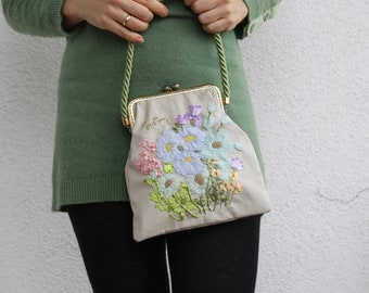 Ribbon Hand Embroidered Linen Purse Handbag: Blue Daisy Flowers Evening Bag