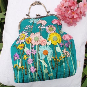 Turquoise Flowers embroidered woman handbag with Chain and purse frame, shoulder bag floral