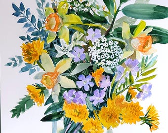水仙の花の水彩画プリント | 水仙のアートプリント | 水仙の絵画