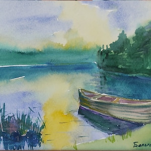 Original Watercolor River Scene Countryside Stream Painting, Rustic Wall Decor Gift, boat on the river, reflection in water