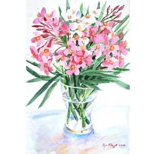 Różowy oleander w wazonie, oryginalny obraz akwarelowy, sztuka ścienna 12 x 16 cali, dzieło sztuki, wystrój salonu