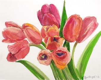 静物油絵。チューリップの花瓶の絵。絵画アート。 - Etsy 日本