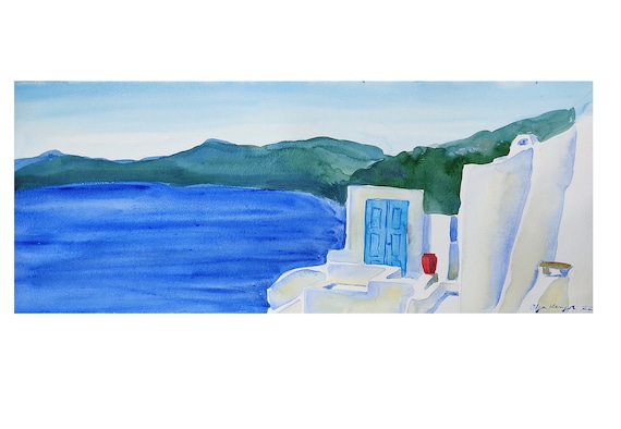 サントリーニ島（ギリシャ）、オリジナル水彩画、19x8インチの大型