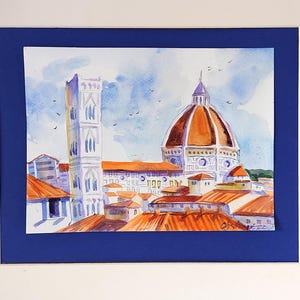 Firenze Italia Dipinto originale ad acquerello Dipinto della cattedrale di Santa Maria del Fiore Dipinto urbano di Firenze colorato Regalo di Natale 9x7"