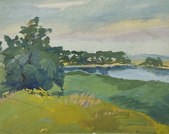 Original Gouache painting Landscape artwork 15x11" antique watercolour art home decor wall hanging impressionist vintage art