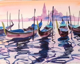Original Venice Gondolas Watercolor Painting, Matted Artwork (12 x 9")