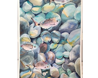 Aquarell Malerei, 30,5 x 50 cm, Korallenriff Fische, Wohnzimmer Dekoration, moderne Kunst, Zuhause signiert