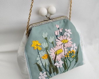 Handmade Ribbon Embroidered Evening Bag Victorian Style Floral Purse small romantic women's bag