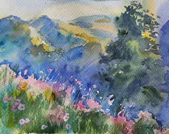 flowers in the mountains  original gouache 12 x 9" painted by artist home decor idea Landscape painting scenery