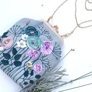 Duck Egg colour hand embroidered Evening bag with gold chain, flowers purse with kiss lock purse frame, french antique inspired
