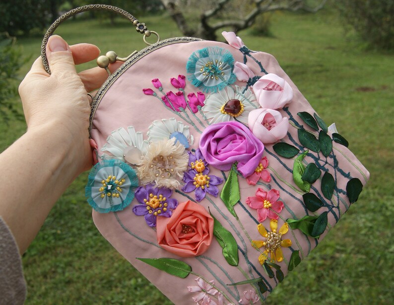 Kiss lock Purse embroidered top handle floral bag with silk Etsy
