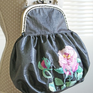Pink Peony hand embroidered black evening bag kiss lock purse handbag Floral vintage style