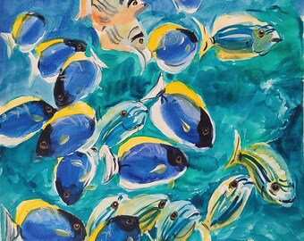 ユニークで現代的な印象派のオリジナル水中の海の絵画。抽象、サンゴ礁