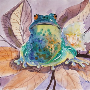 Frosch in Aquarell Malerei, Frosch sitzend auf einer Magnolie, 22,9 x 30,5 cm Wand Kunst Dekor, sitzend auf einer Magnolie