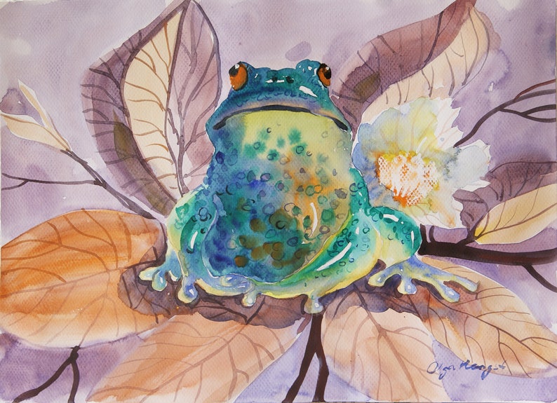 Frog watercolor painting, original animal artwork frog sitting on a magnolia flower 9 x 12  in  wall art decor animal Art artist painting art gift