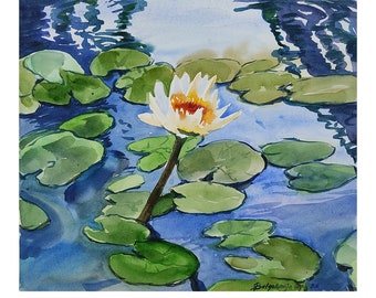 Waterlilies ORIGINAL WATERCOLOUR PAINTING 13 x 11&quot; flowers Botanical illustration Flower Monet art home art decor