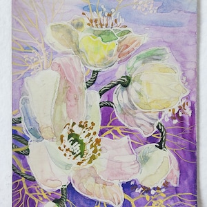 Aquarelle originale peinte à la main Fantasie Spring Flowers oeuvre d&#39;art vintage peinture cadeau pour maman