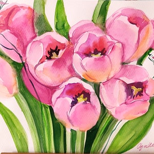Pink Tulips original watercolor watercolour art home decor flowers painting botanical illustrations gift idea for her