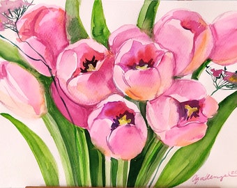 Pink Tulips original watercolor watercolour art home decor flowers painting botanical illustrations gift idea for her