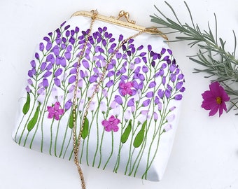 Kiss lock Purse Bag Lavender Flowers Hand embroidered, large gold chain crossbody, vintage floral needlework coin purse clutch bag Lavender