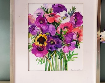 オリジナルブルーアネモネ水彩画：花のボタニカルアート（A4） - Etsy 日本