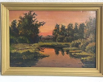 sunset landscape oil paints on primed cardboard with wooden frame old painting from 1995