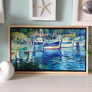 Yachts oil painting fine art original artwork, boats in the port framed painting on canvas framed wall art decor blue water reflection larg