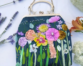 Emerald Handbag: Silk Ribbon Embroidered Floral Purse, Vintage Style