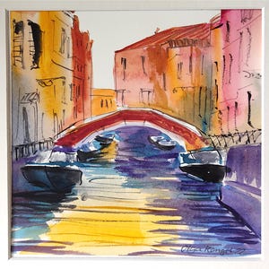 Venice, Italy, original watercolor painting, Venice bridge, venecian canal, boats artwork, square format