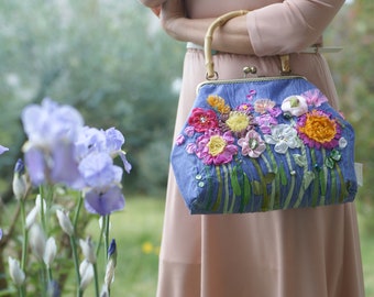 Embroidered evening bag silk Ribbon embroidery handbag Purse Vintage flowers purse beaded floral Grandma Gifts victorian french antiques