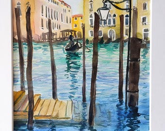 ヴェネツィア大運河の水彩画：サンタ・マリア・デッラ・サルーテ教会