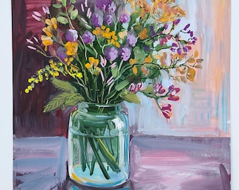 Original Gouache painting artwork 13x16" antique Still Life art home decor wall hanging expressionist vintage art flowers in a bottle