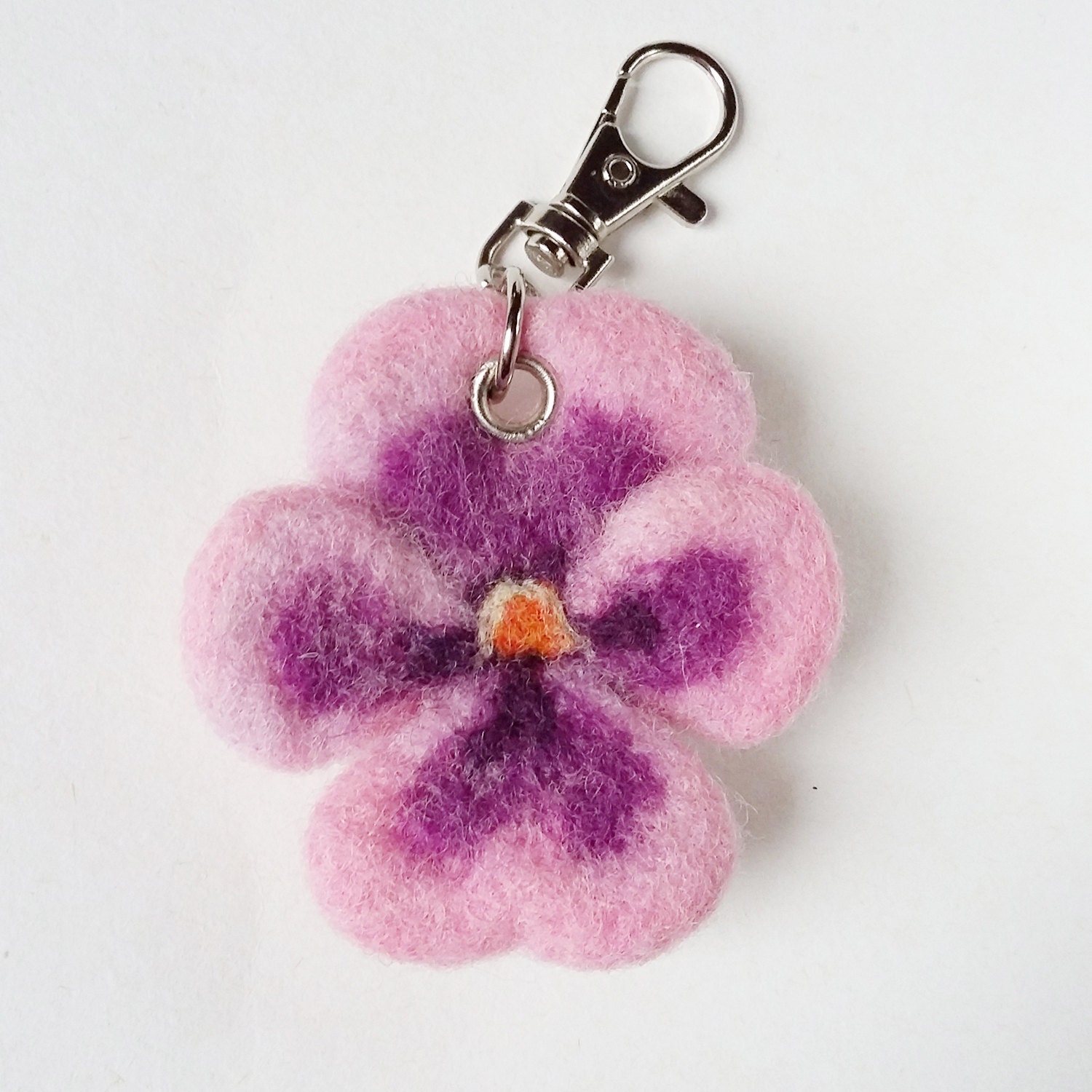 Wool Needle Felted Keychain Bag Charm with Pink Purple Pansy Etsy