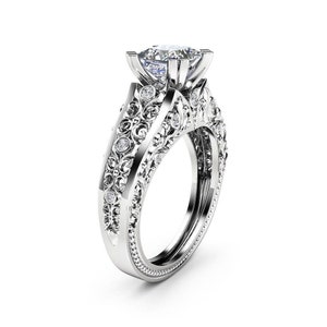Princess Cut Moissanite Engagement Ring Unique 14K White Gold Ring Unique Filigree Design Art Deco Ring