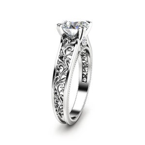 Unique Moissanite Engagement Ring 14K White Gold Engagement Ring Art Deco Moissanite Ring
