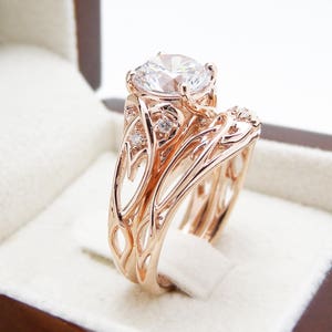 14K Rose Gold Moissanite Engagement Ring Set: Unique Diamond Wedding Band