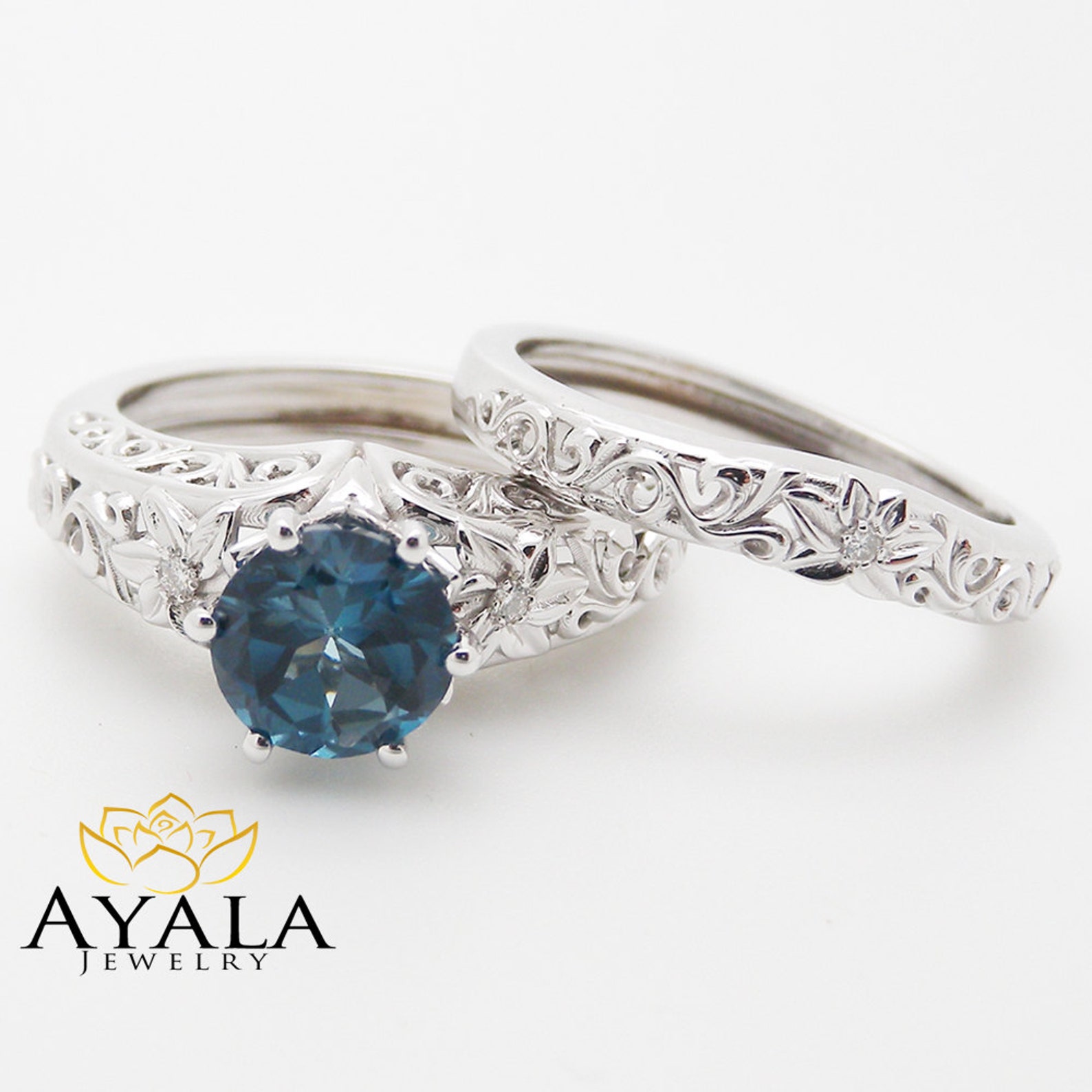 Blue Topaz Engagement Ring Set Unique Topaz Ring With Matching Etsy