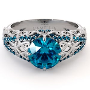 Unique Engagement Ring 14K White Gold Ring Blue Diamond Engagement Ring image 2