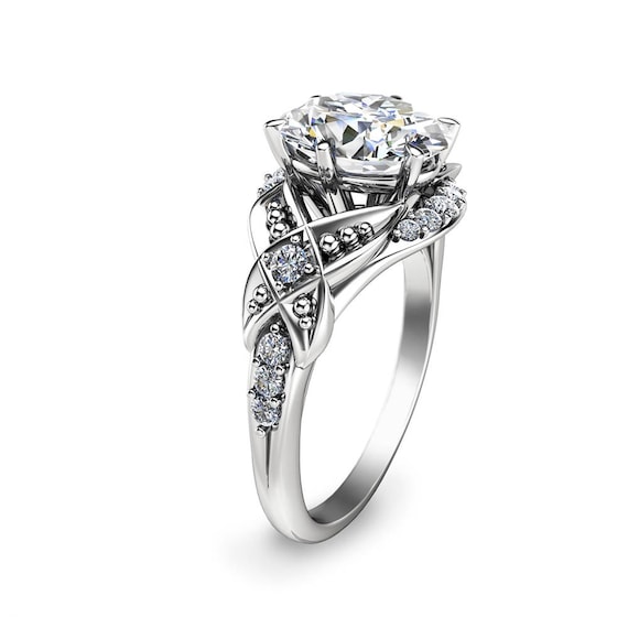 Art Deco Oval Moissanite Halo Engagement Ring: 14K White Gold