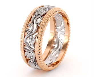 Two Tone 14K Gold Wedding Ring: Floral Filigree Band
