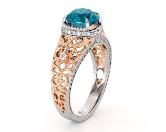 Art Deco  2.00 Ct Engagement Ring | Round Blue Diamond Filigree Ring | Art Deco 14K Two Tone Gold Engagement Ring