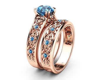 Blue Diamond Wedding Ring Set 14K Rose Gold Ring with Matching Band Art Deco Engagement Ring Set