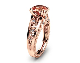 Vintage Floral Peach Morganite Engagement Ring: 14K Rose Gold, Lab Diamond