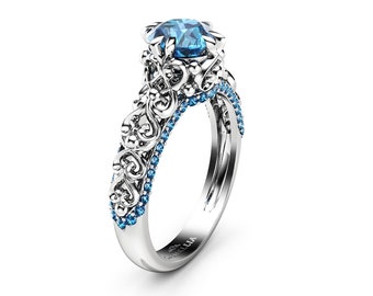 Vintage Blue Diamond Engagement Ring 14K White Gold Engagement Ring Unique Diamond Ring