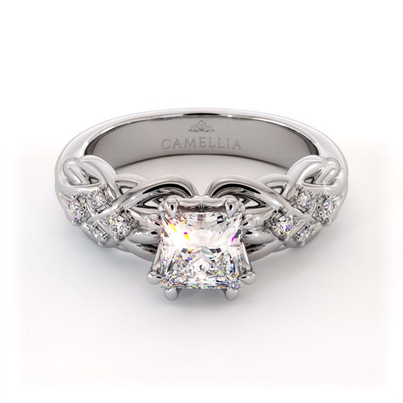 14k Gold Lab Diamond Ring: Princess Cut Braided Band