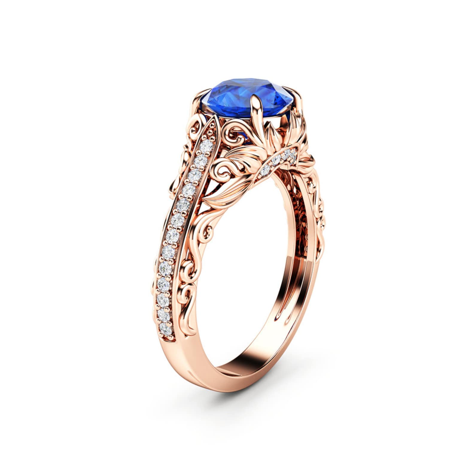 Blue Sapphire Engagement Ring Diamonds Ring 14K Rose Gold Ring Etsy