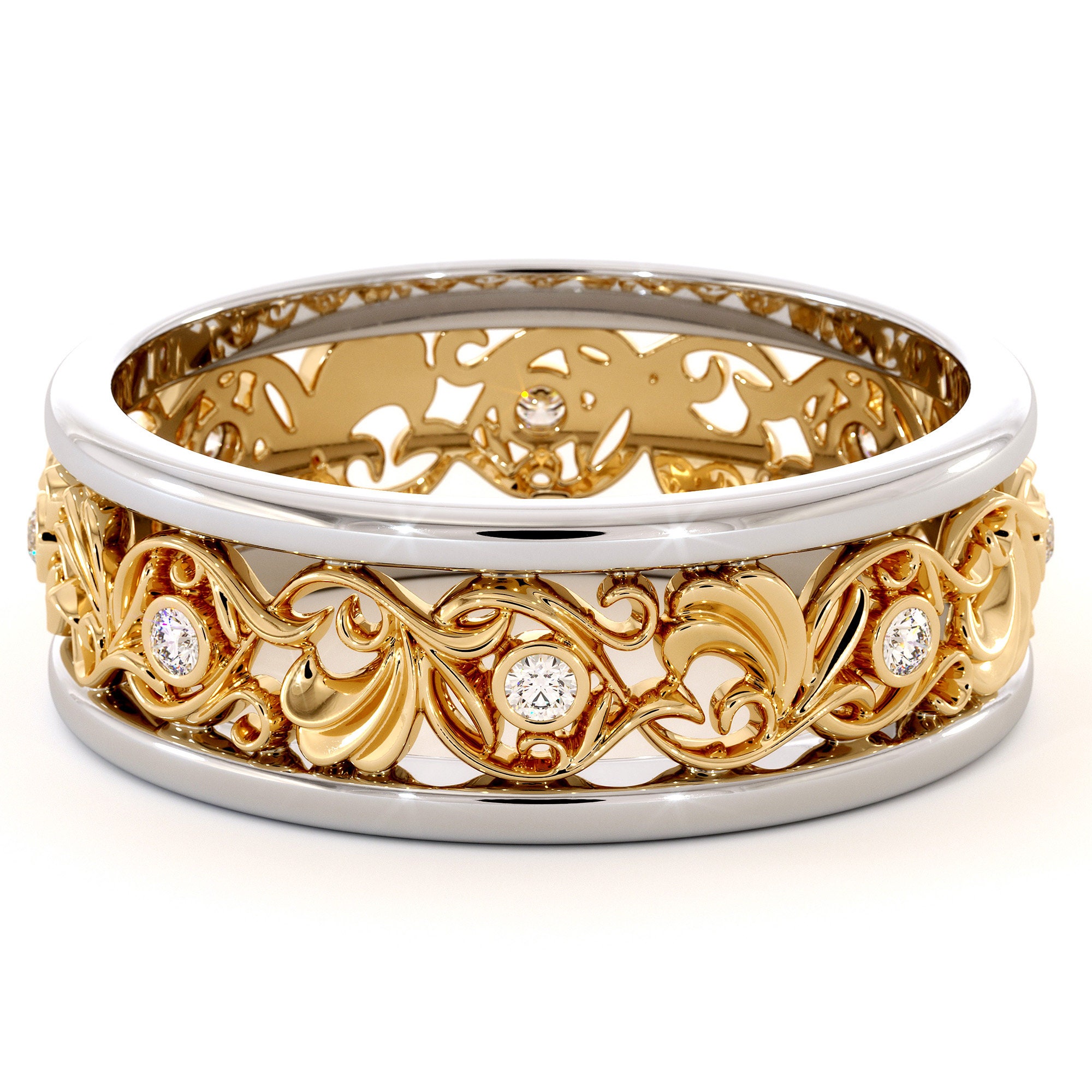Filigree Women s Wedding Band diamonds Wedding Band Yellow White
